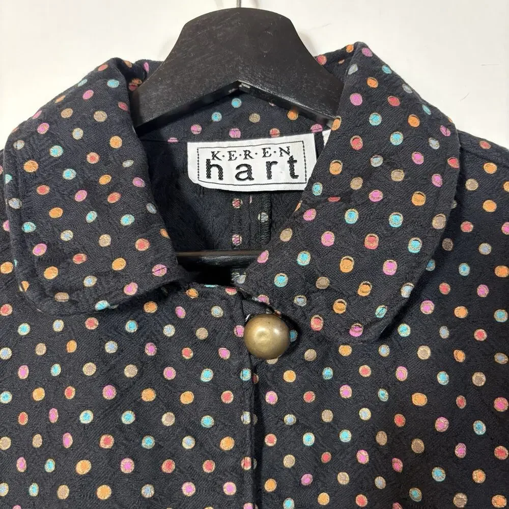 Polka Dot Jacket Black Cotton Vintage Keren Hart Medium Jewel Tone Pockets